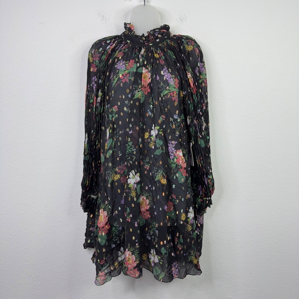 AMUR Dress Womens 8 Yael Black Floral Tiered Sheer Chiffon Whimsigoth‎ Romantic